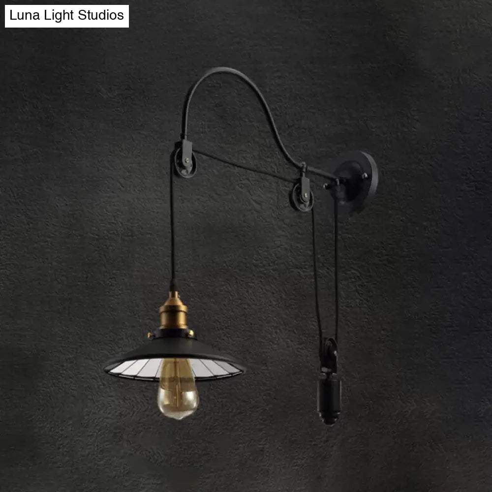 Conical Bedside Pulley Wall Light - Industrial Metal Black Lamp With Gooseneck Arm