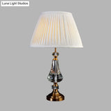 Conical Night Table Lamp - Cream Gray Fabric Crystal Base Sleek Design