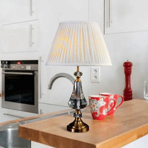 Conical Night Table Lamp - Cream Gray Fabric Crystal Base Sleek Design