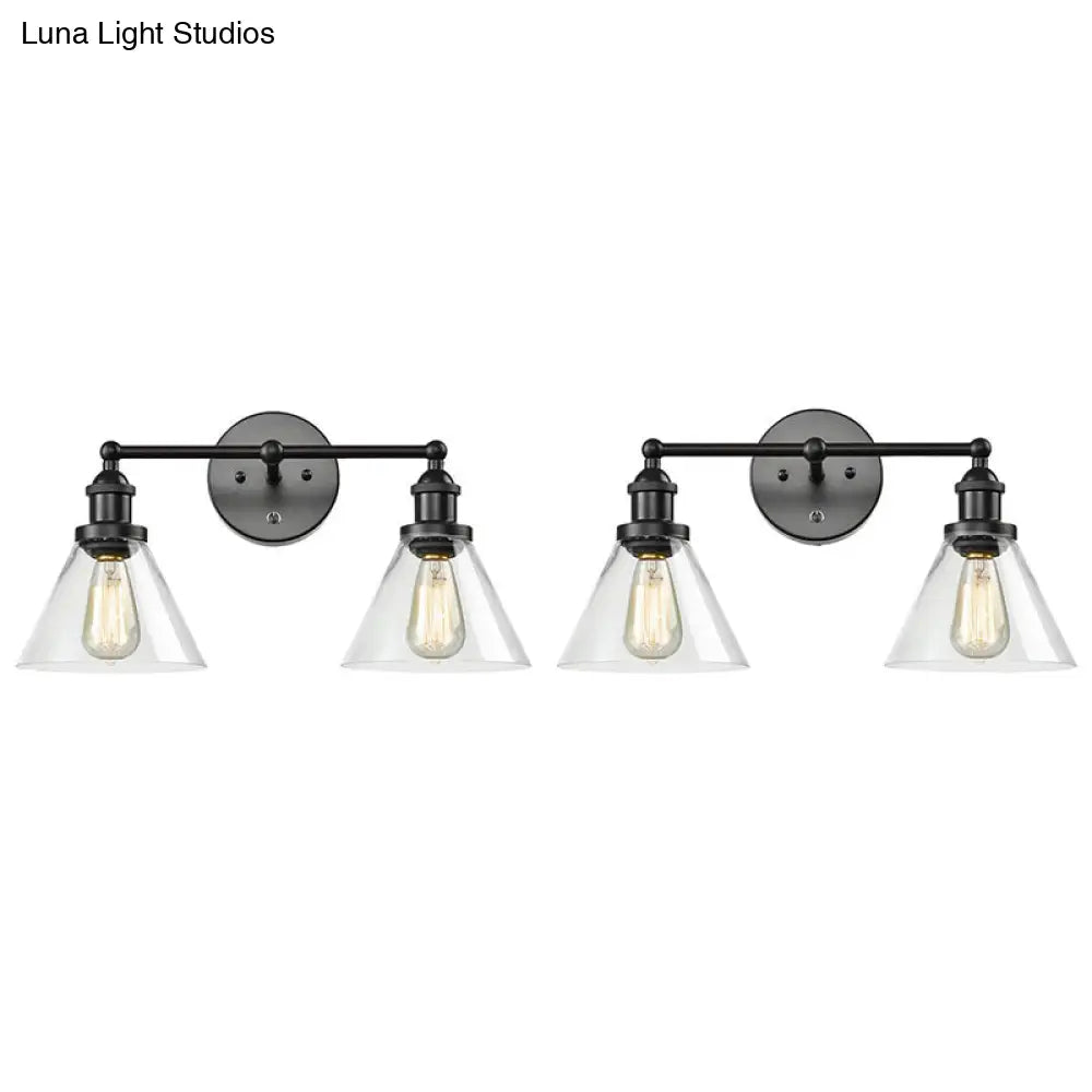 Conical Shade Industrial Wall Lamp With Clear Glass Cage - 2 Lights Vanity Sconce