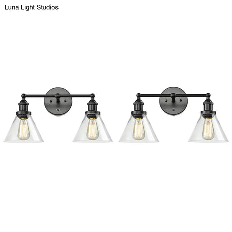Conical Shade Industrial Wall Lamp With Clear Glass Cage - 2 Lights Vanity Sconce