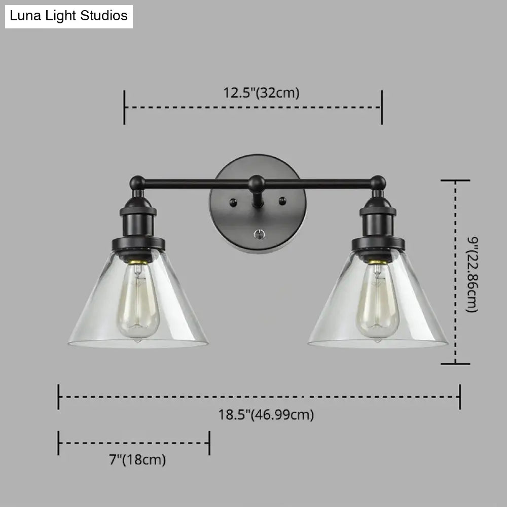 Conical Shade Industrial Wall Lamp With Clear Glass Cage - 2 Lights Vanity Sconce