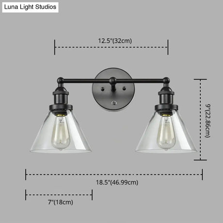 Conical Shade Industrial Wall Lamp With Clear Glass Cage - 2 Lights Vanity Sconce