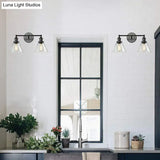 Conical Shade Industrial Wall Lamp With Clear Glass Cage - 2 Lights Vanity Sconce