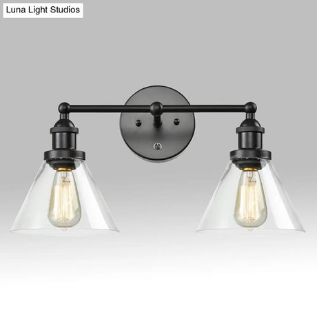 Conical Shade Industrial Wall Lamp With Clear Glass Cage - 2 Lights Vanity Sconce