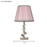 Conical Table Lamp: Pink Fabric Countryside 1-Light Night Light With Crystal Base For Bedroom