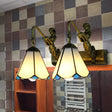 Conical Vanity Sconce Lighting With 2-Headed White/Beige Glass Tiffany Wall Mounted Light And