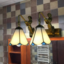 Conical Vanity Sconce Lighting With 2-Headed White/Beige Glass Tiffany Wall Mounted Light And