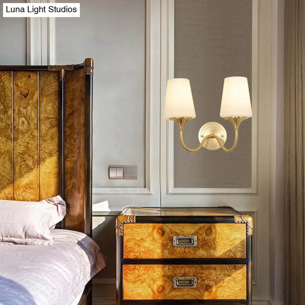 Contemporary 1/2-Bulb White Glass Wall Sconce Lighting With Brass Cone Shade For Bedroom