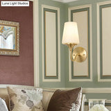 Contemporary 1/2-Bulb White Glass Wall Sconce Lighting With Brass Cone Shade For Bedroom