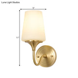 Contemporary 1/2-Bulb White Glass Wall Sconce Lighting With Brass Cone Shade For Bedroom