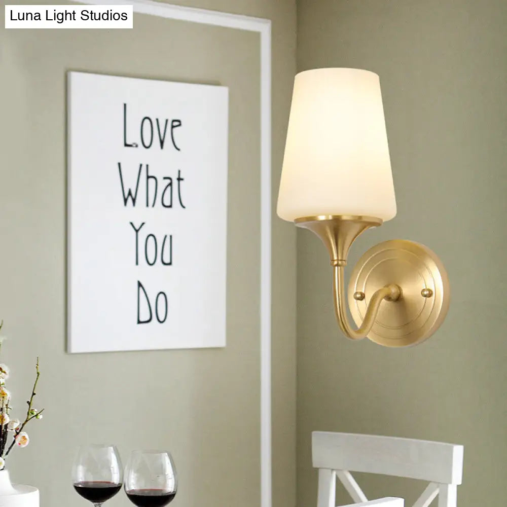 Contemporary 1/2-Bulb White Glass Wall Sconce Lighting With Brass Cone Shade For Bedroom