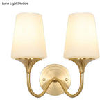 Contemporary 1/2-Bulb White Glass Wall Sconce Lighting With Brass Cone Shade For Bedroom