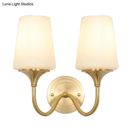 Contemporary 1/2-Bulb White Glass Wall Sconce Lighting With Brass Cone Shade For Bedroom