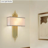 Contemporary 2-Head Fabric Shade Wall Sconce - Modern Rectangle Design In Black/White/Flaxen Ideal