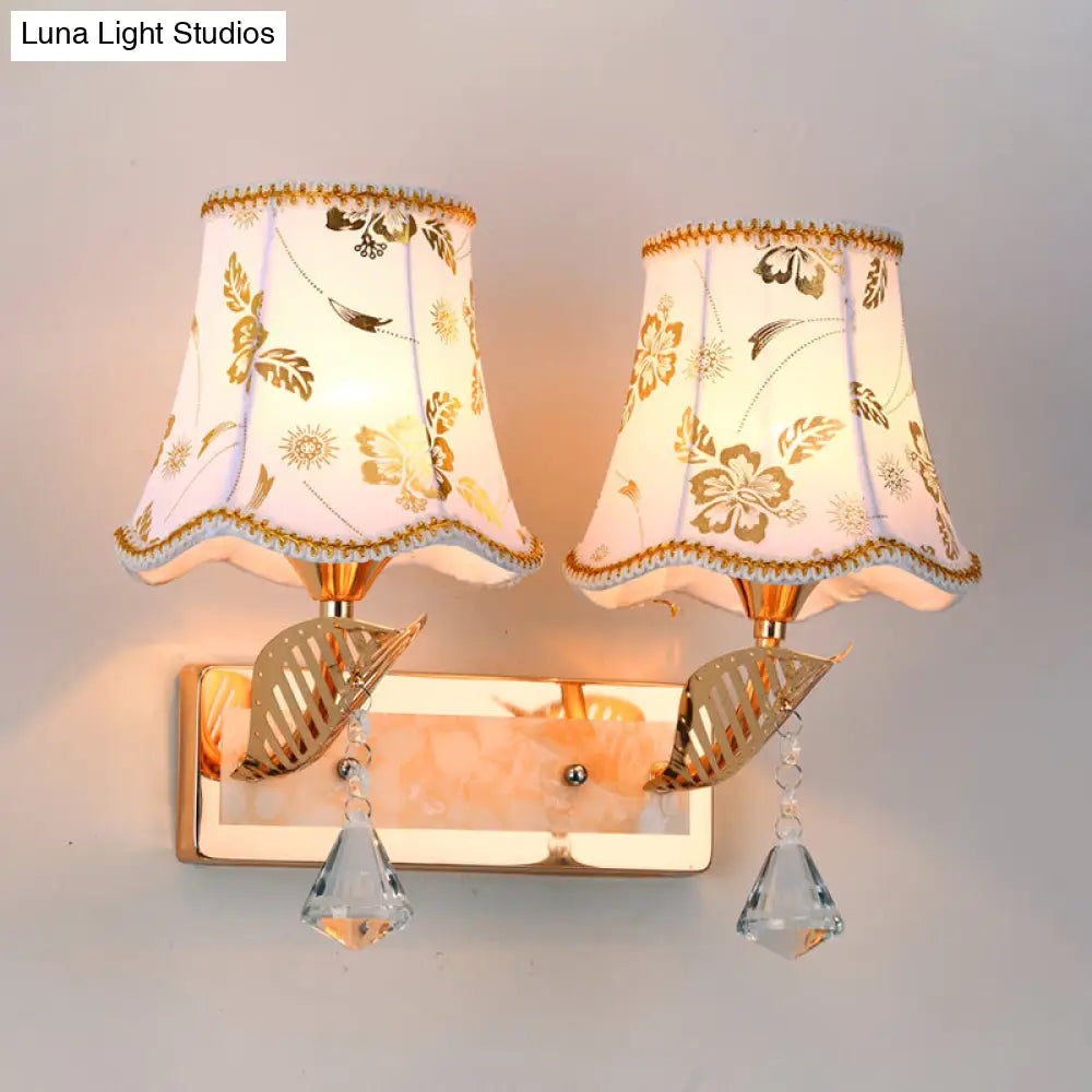 Contemporary 2-Head Wall Lamp In Gold Finish With Patterned Fabric Empire Shade