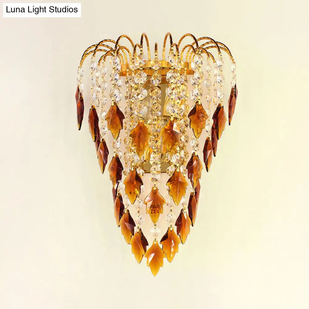 Contemporary 2-Light Brass Finish Wall Lamp With Tan/Blue Crystal Shade