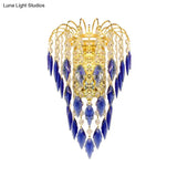 Contemporary 2-Light Brass Finish Wall Lamp With Tan/Blue Crystal Shade