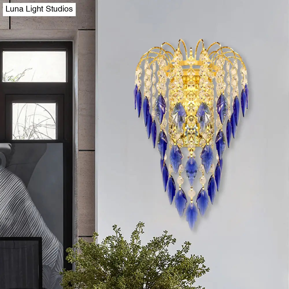 Contemporary 2-Light Brass Finish Wall Lamp With Tan/Blue Crystal Shade