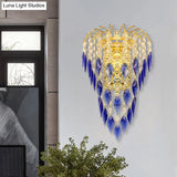 Contemporary 2-Light Brass Finish Wall Lamp With Tan/Blue Crystal Shade