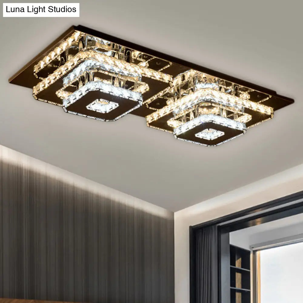 Contemporary 2 - Tier Crystal Ceiling Fixture - 12’/26.5’ Wide Stainless - Steel Led Flush