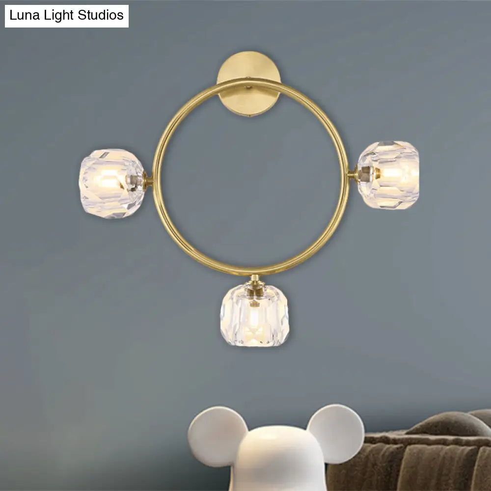 Contemporary 3-Head Brass Wall Sconce With Modo Crystal Shade - Ring/Square Light Fixture