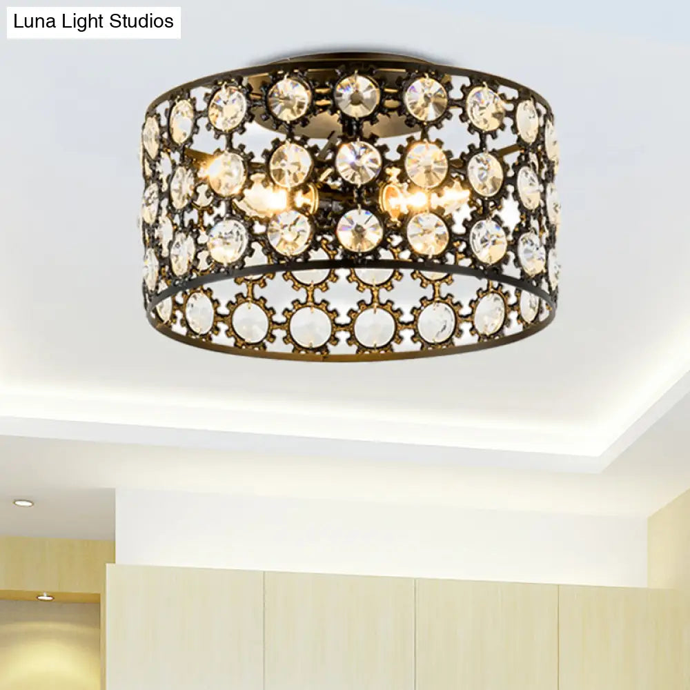 Contemporary 3-Light Metal And Crystal Flush Mount Ceiling Light (Black Cylinder Design)