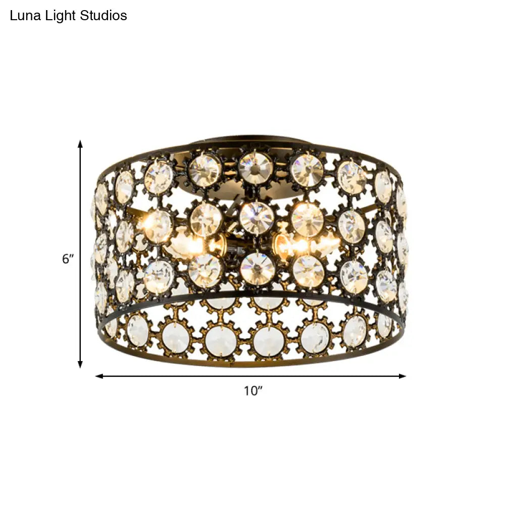 Contemporary 3-Light Metal And Crystal Flush Mount Ceiling Light (Black Cylinder Design)