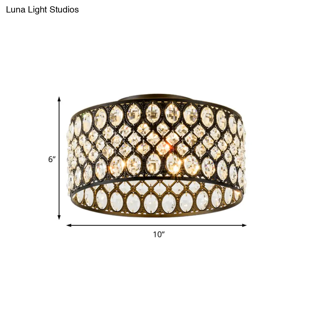 Contemporary 3-Light Metal And Crystal Flush Mount Ceiling Light (Black Cylinder Design)