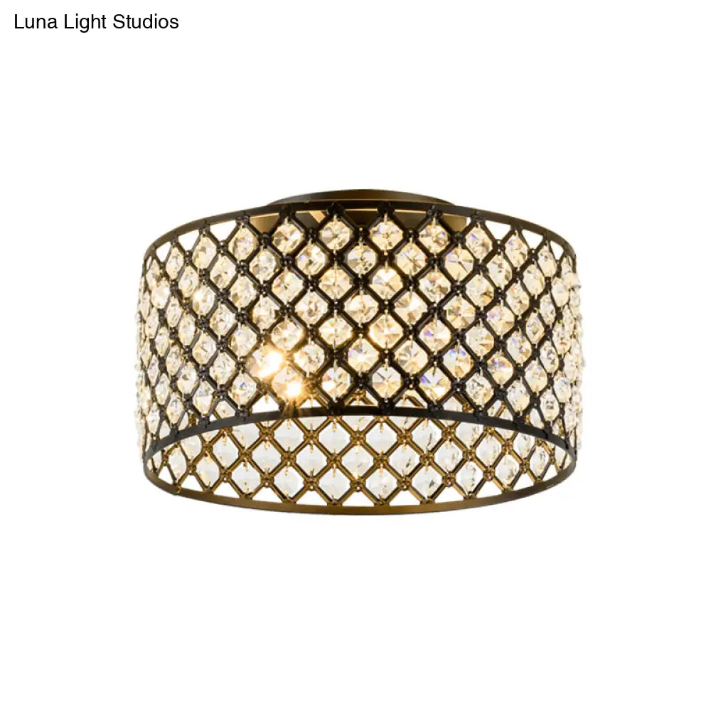Contemporary 3-Light Metal And Crystal Flush Mount Ceiling Light (Black Cylinder Design)