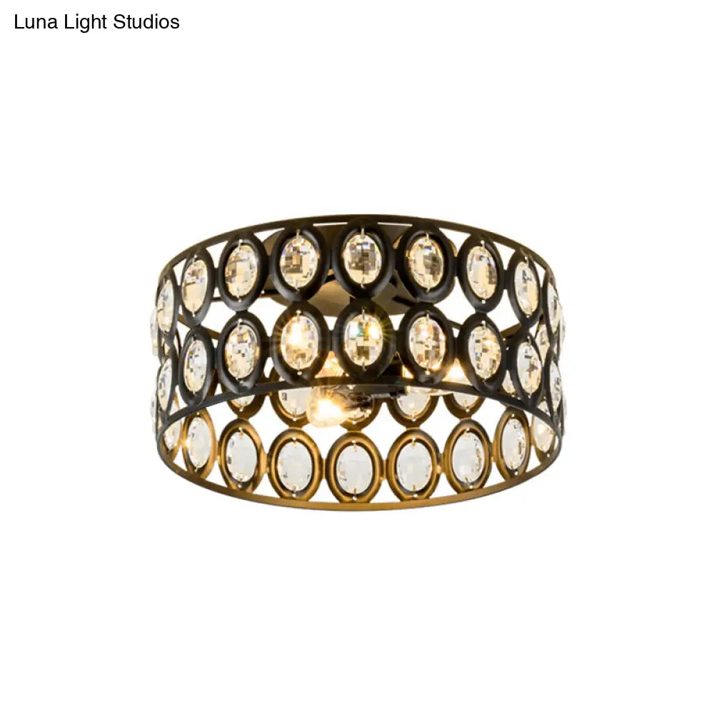 Contemporary 3-Light Metal And Crystal Flush Mount Ceiling Light (Black Cylinder Design)