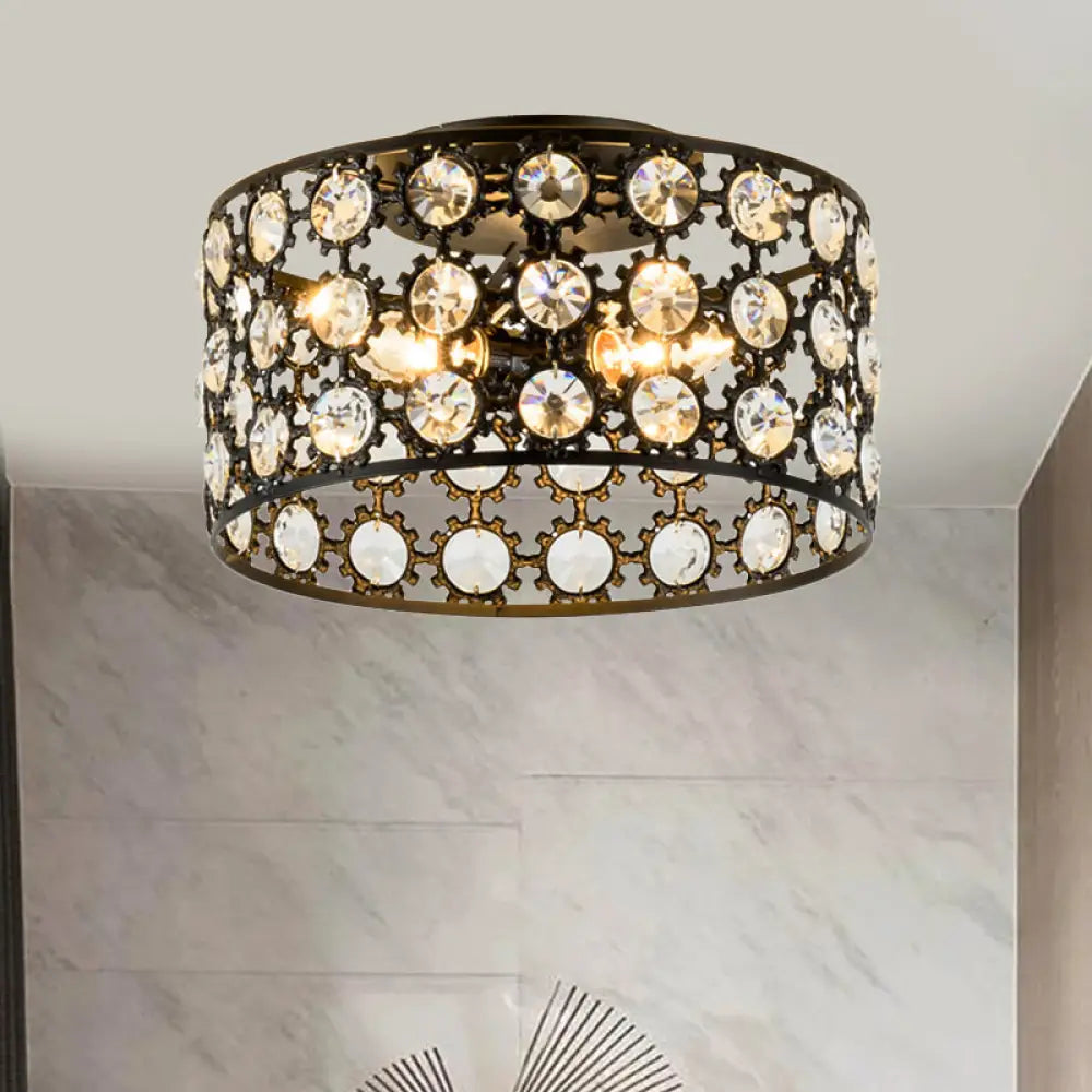 Contemporary 3-Light Metal And Crystal Flush Mount Ceiling Light (Black Cylinder Design) Black / D