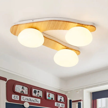 Contemporary 3 - Light Wood Beige Ceiling Flush Mount With White Glass Shade