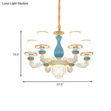 Contemporary 6-Head Blue And White Chandelier With Opal Glass Crystal Pendant