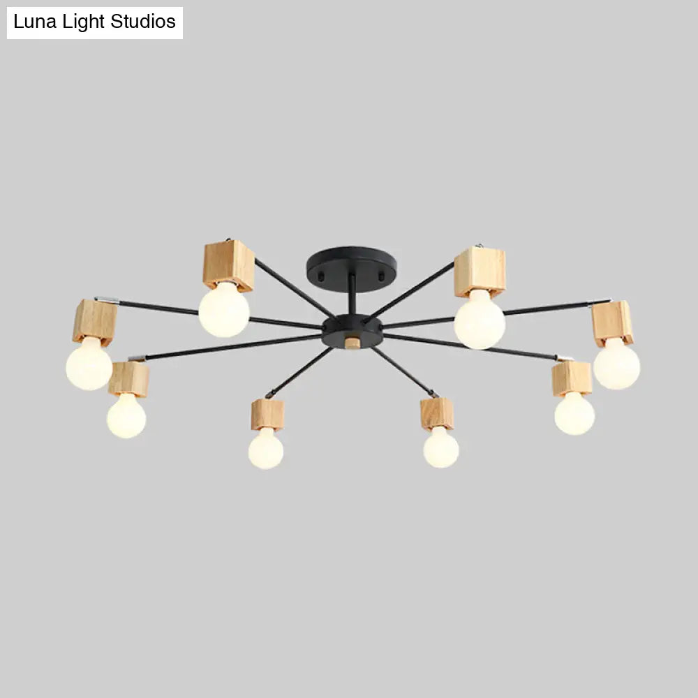 Contemporary 8-Light Metal Flush Lamp With Cube Wood Cap In Black
