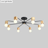 Contemporary 8-Light Metal Flush Lamp With Cube Wood Cap In Black