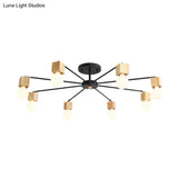 Contemporary 8-Light Metal Flush Lamp With Cube Wood Cap In Black
