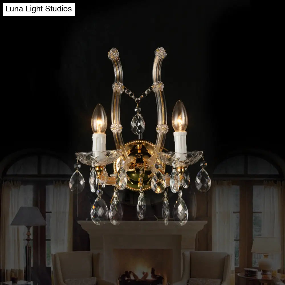 Contemporary Amber Glass Wall Light With Crystal Deco - Gold Finish 2 Lights