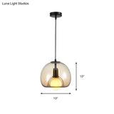 Contemporary Amber/Smoke Glass Dome Pendant - Black Hanging Lamp For Bedroom