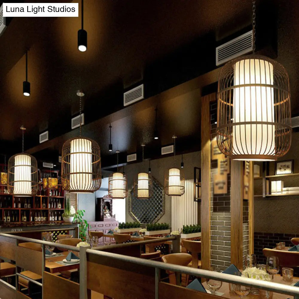 Contemporary Bamboo Cage Hanging Lamp With Coffee Finish And Single Bulb Suspension