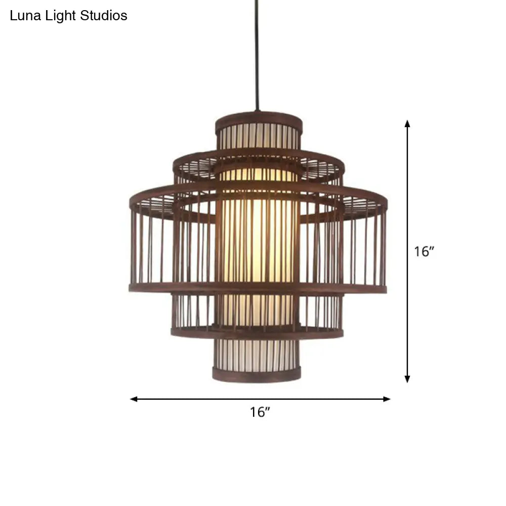 Contemporary Bamboo Cage Hanging Lamp With Coffee Finish And Single Bulb Suspension