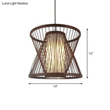 Contemporary Bamboo Cage Hanging Lamp With Coffee Finish And Single Bulb Suspension