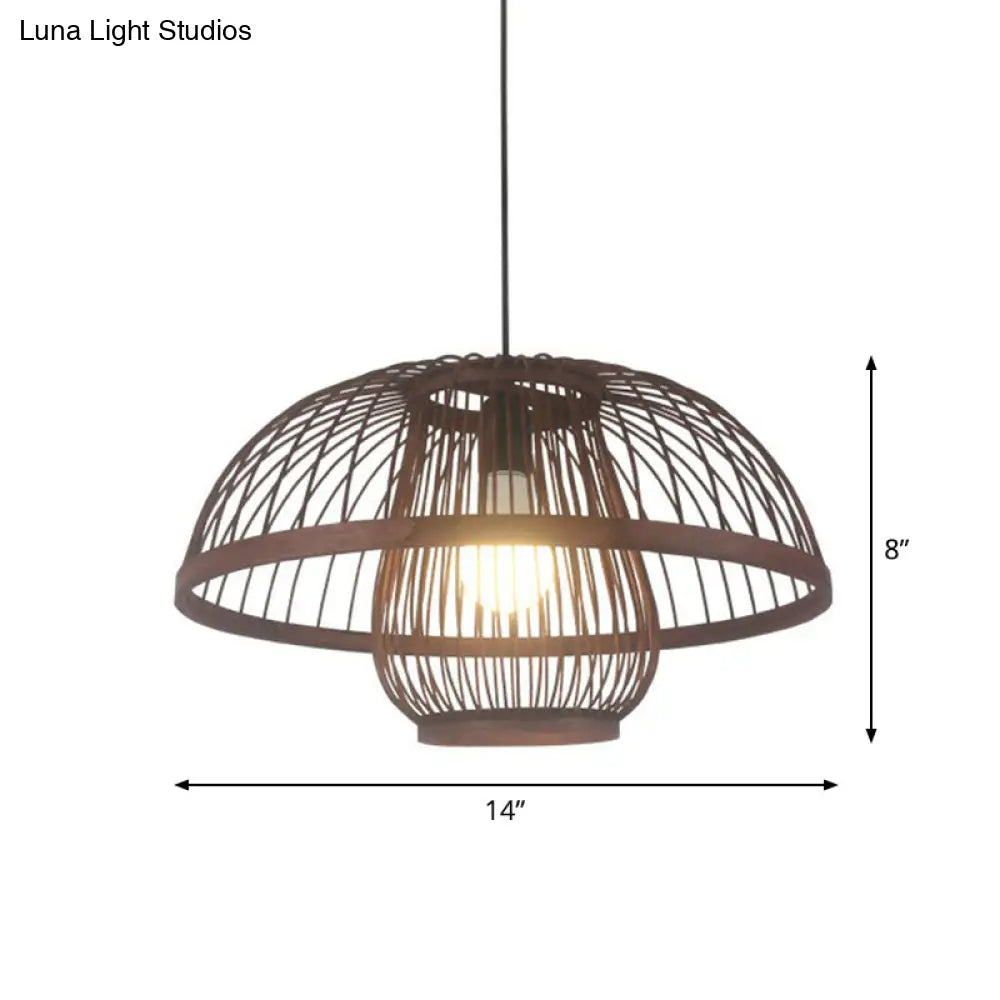 Contemporary Bamboo Cage Hanging Lamp With Coffee Finish And Single Bulb Suspension