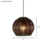 Contemporary Bamboo Cage Hanging Lamp With Coffee Finish And Single Bulb Suspension