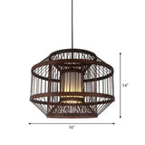 Contemporary Bamboo Cage Hanging Lamp With Coffee Finish And Single Bulb Suspension / Lantern