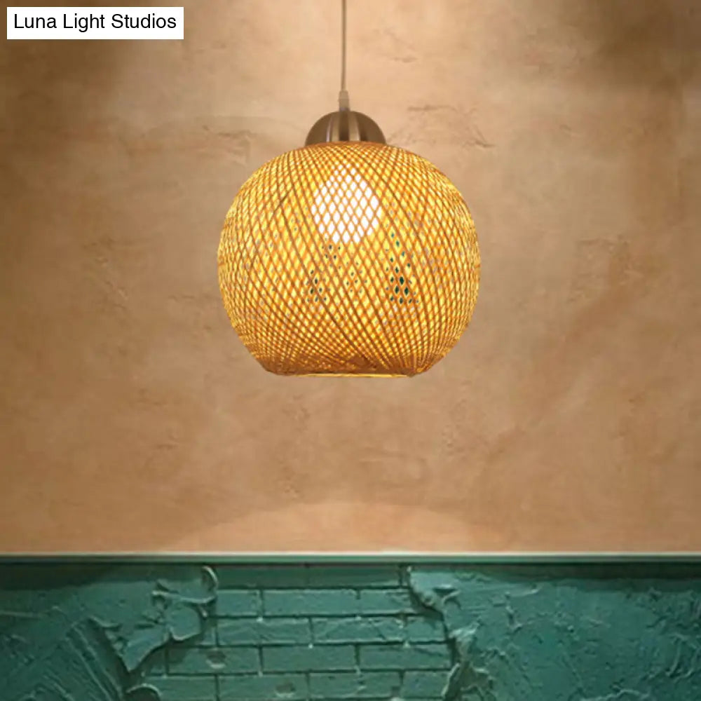 Contemporary Bamboo Globe Pendant Light Kit - Wood Hanging 12/14 Wide