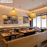 Contemporary Bamboo Globe Pendant Light Kit - Wood Hanging 12/14 Wide