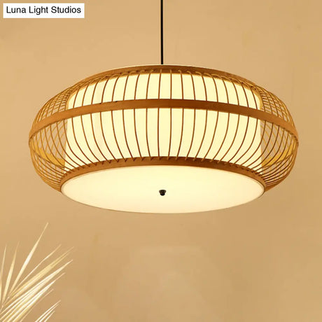 Contemporary Bamboo Pendant Light Kit - Rounded Drum Suspension 1 Bulb - Wood Hanging Light 18’’/21.5’’/23.5’’ Wide