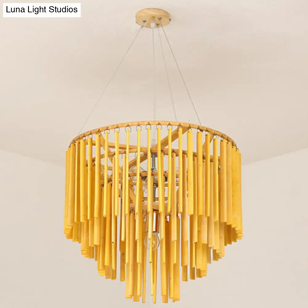 Contemporary Bamboo Pendant Light - Yellow Tiered Chandelier With 4 Heads For Restaurants