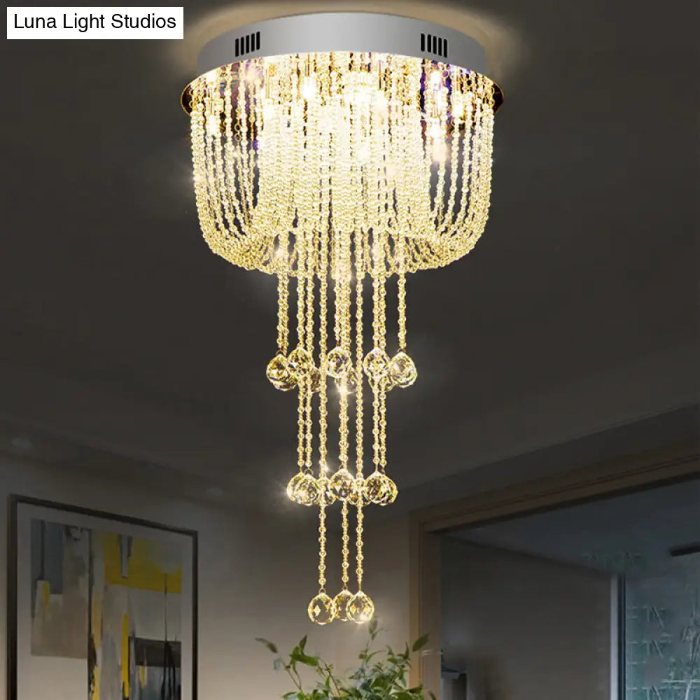 Contemporary Beaded Crystal Led Flush Light Fixture - Nickel Mount Ceiling Lighting For Living Room